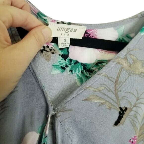 Umgee Floral Gray Maxi Dress Ruffle Hem Short Flutter Sleeves High Low S Cottage - Picture 4 of 12